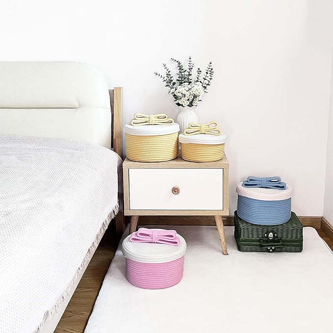 Cute Storage Baskets with Lids, Small Round Woven Rope Basket with Lid, Small Toy Box for Kids or Cat, Cute Basket for Gift, Decorative Basket with Chic Bow Handle, yellow