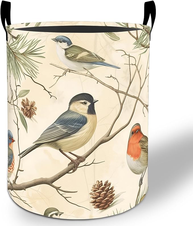 Vintage Birds Laundry Basket Hamper 19.7"x15.8", Bird and Pine Foldable Waterproof Oxford Clothes Storage Bucket for Room Bathroom Bedroom Nursery Decor, Toy Organizer Bins Gifts for Kids Boys Girls