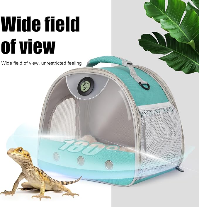 Bearded Dragon Travel Backpack Carrier with Reptile Thermometer and Humidity Gauge Lizard Travel Cage Space Capsule Clear Bubble Window Astronaut Reptile Bag for Ball Python (Green, Carrier+I LSH)