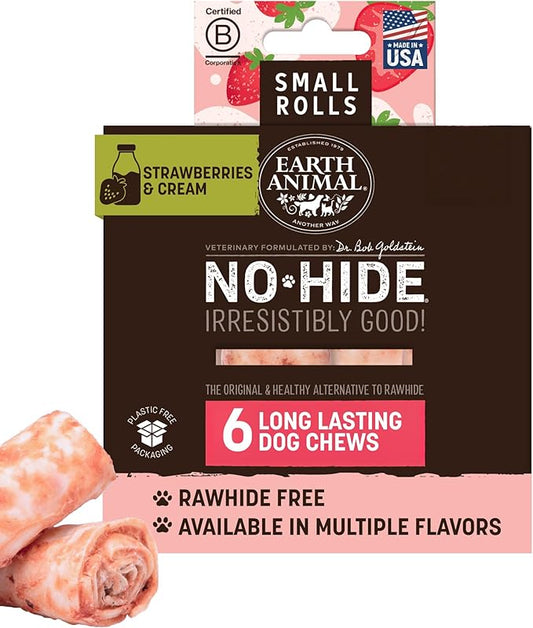 Earth Animal No-Hide Rolls Strawberries & Cream Vegetarian Recipe Small Natural Rawhide Alternative Dog Chews, 6 Pack Value Pack