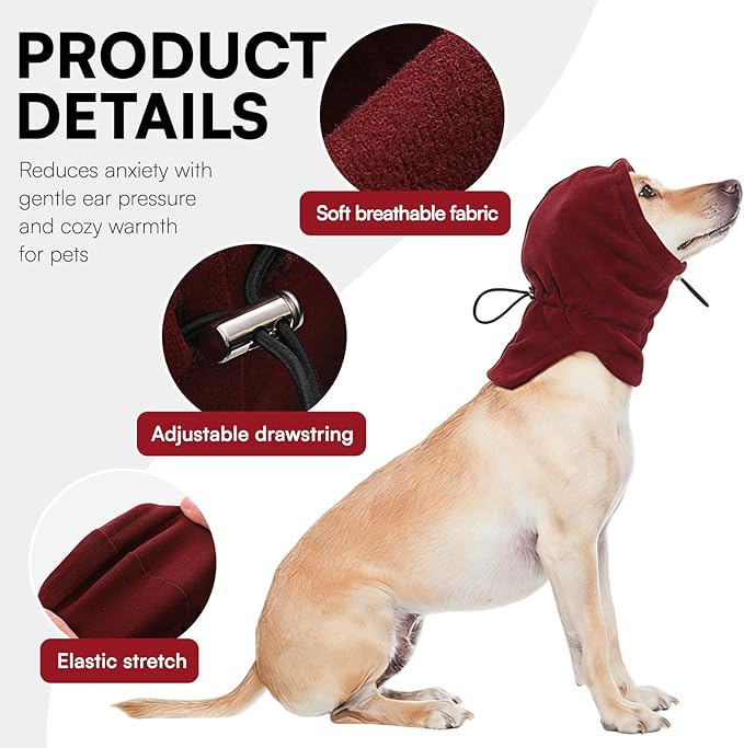 Dog Calming Hoodie - No Shake Ear Wraps for Dogs, Anxiety Relief & Noise Protection, Pet Ear Cover for Thunderstorms, Firework, Grooming, Force Drying, Burgundy L