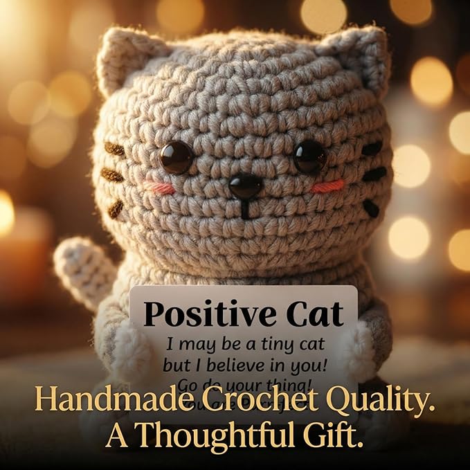 Positive Cat Plush with Encouraging Sign, Crochet Gift of Support for Women, Uplifting Sister Friendship Present, Gray Message Holder Toy