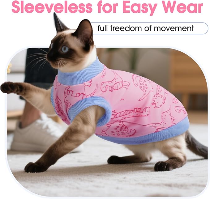 DENTRUN Sleeveless Cat Vest, Dinosaur Print & Ultra-Soft Dralon Fleece | Breathable, ultra-soft Dralon fleece, dinosaur print, sleeveless for freedom, all-season indoor/outdoor wear, XS-XXL sizes