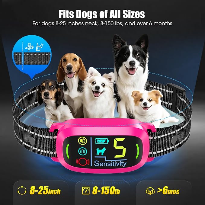 Smart AI Bark Collar for Large Medium Small Dogs, Anti Barking Device with 5 Work Modes, Exclusive Forced Bark-Stopping, Rechargeable IP67 Waterproof Bark Collar with 5 Sensitivity (Hot Pink)