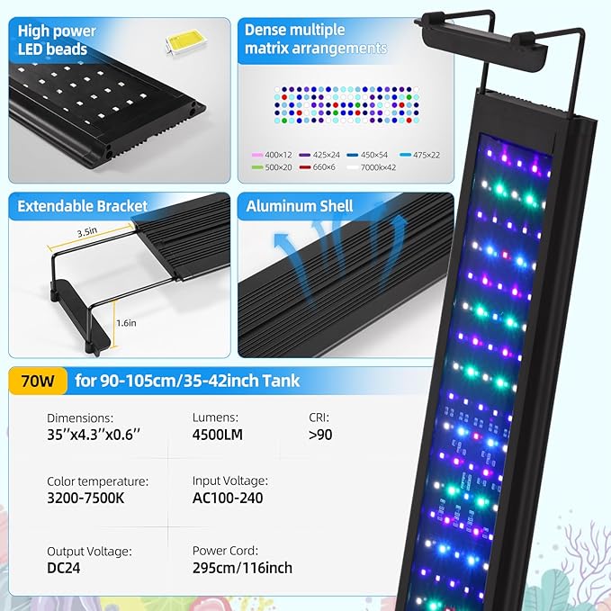 72W LED Saltwater Aquarium Light, Marine Led for Coral with White, Blue, Cyan, UV Violet LEDs Dimmer Timer for SPS/LPS Corals Fish Tanks (35-42in)