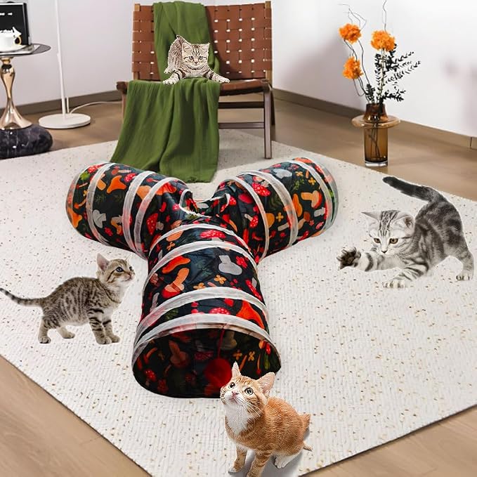 Cat Tunnel Tube Toys，Tunnels for Indoor Cats, Collapsible Interactive Toy with Balls for Rabbits, Kittens, Ferrets, Puppy (Mushroom)