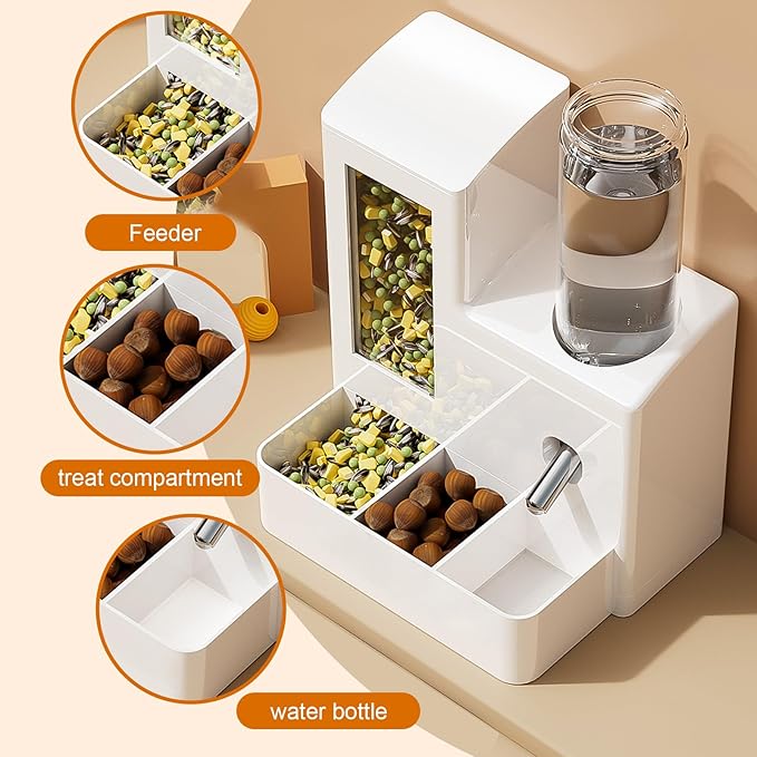 3-in-1 Hamster Feeder, Water Bottle & Food Bowl, 125ml Small Animal Water Dispenser for Hamsters, Mice, Rats, Gerbils - White