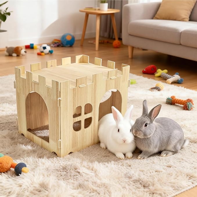 WUWEOT Large Wooden Rabbit House, 15.3''x11.3''x11.8'' Wood Bunny Hideout Castle, Small Animal Play Hideaway Hut and Playhouse for Indoor Adult Bunnies Guinea Pig Hamster Chinchilla Gerbil
