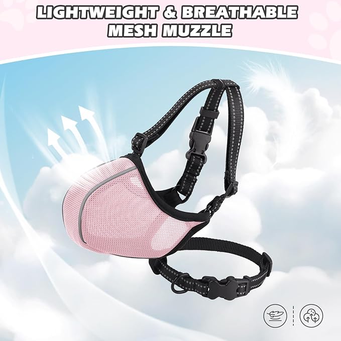 Dog Muzzle - Soft Breathable Mesh Nylon Adjustable Muzzle for Small Medium Large Dogs | Prevents Chewing,Biting & Scavenging | Allows Panting, Drinking & Grooming | Secure Collar Strap Design(Pink M)