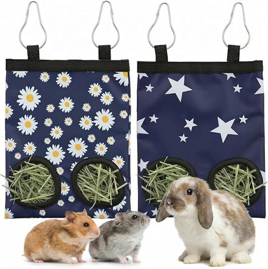 2Pcs Guinea Pig Hay Feeder, Hanging Rabbit Hay Feeder Durable Washable 2-Hole Hays Dispenser for Guinea Pigs Bunnies Chinchillas, Star＋Daisy