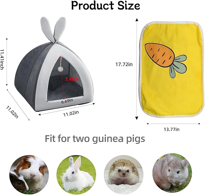 Guinea Pig Bed,Fleece Bunny Hideout House,Warm Rabbit Sleeping Bed with Pee Pad,Winter Large Hiding Hut for Hamster Ferret Rat Chinchilla Hedgehogs,Grey