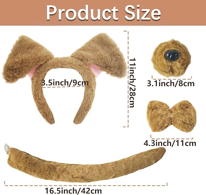 4-Piece Dog Ears and Tail Costume Accessory Set – Includes Brown Plush Dog Ears Headband, Nose, Bow Tie, and Clip-On Tail for Halloween Cosplay, Dress-Up Parties, School Plays, Animal-Themed Events