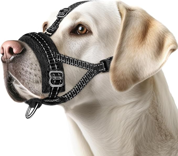 SlowTon Soft Dog Muzzle, Adjustable Padded Nylon Muzzle for Large Medium Dogs Anti Chewing Barking Biting, Allow Dog Pant & Drink（Black,Medium