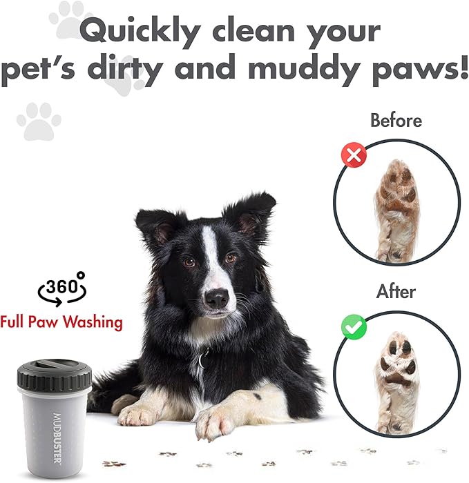 Dexas Lidded MudBuster Dog Paw Cleaner in Light Gray - Fits 1.5"-2.5" Wide Paws, Portable Paw Washer for Muddy Paws, Dog Paw Cleaning Cup with Gentle Silicone Bristles, Quick Clean Pet Paw Washer