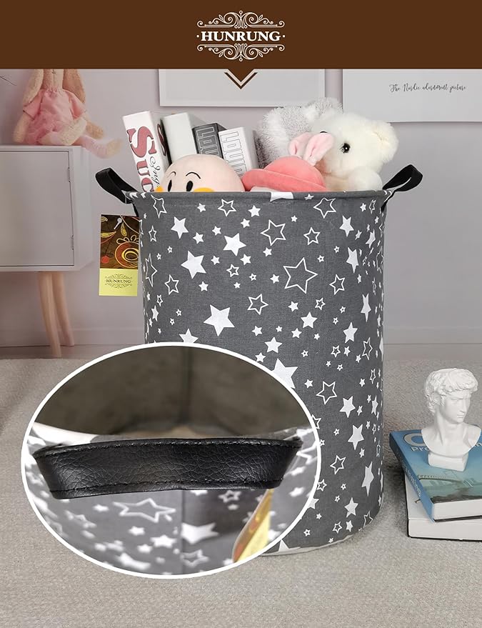 Laundry Hamper,Large Canvas Fabric Lightweight Storage Basket Toy Organizer Dirty Clothes Collapsible Waterproof for College Dorms, Children Bedroom,Bathroom（Round star）