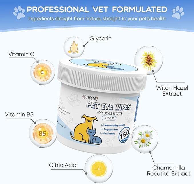 Opdent 150Pcs Eyes Wipes for Dogs - Tear Stain Remover for Dogs - Dog Eye Cleaner, Eye Debris, Discharge, Mucus Secretions - Eye Wipes for Dogs & cat Eye Wipes - 3.2 inches