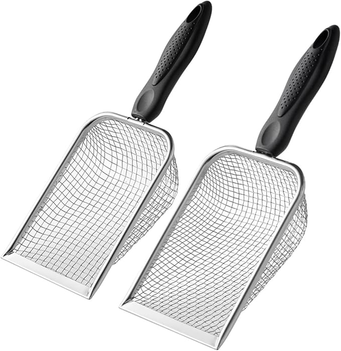 Chicken Poop Scooper 2 Pack with 2 Adhesive Hooks - Stainless Steel Coop Scoop Sifting Shovel with 3.8mm & 5mm Mesh, Metal Litter Sifter for Coop Cleaning, Sand and Poultry Supplies