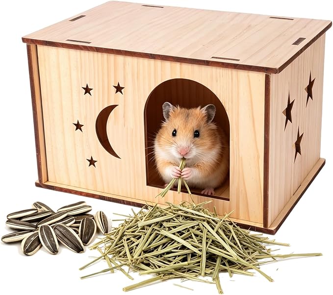 Wooden Guinea Pig House – Natural Wood Hideout for Chinchilla, Degu, Little Rabbit, Hedgehog, Squirrel – Gnaw Safe & Sunbathing Platform – Cage Accessories – 30x20x20 cm