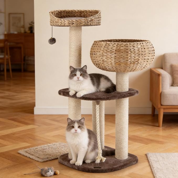 PETSITE 41 Inch Modern Cat Tree for Indoor Cats, Multi-Level Cat Tower with Scratching Posts, Hand-Made Wicker Cat Condo & Top Perch, Dangling Ball, Sisal Rope, Cute Cat Tree for Indoor Cats