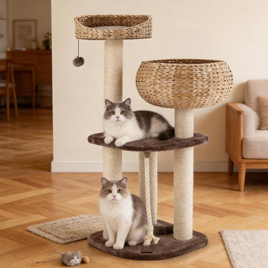 PETSITE 41 Inch Modern Cat Tree for Indoor Cats, Multi-Level Cat Tower with Scratching Posts, Hand-Made Wicker Cat Condo & Top Perch, Dangling Ball, Sisal Rope, Cute Cat Tree for Indoor Cats