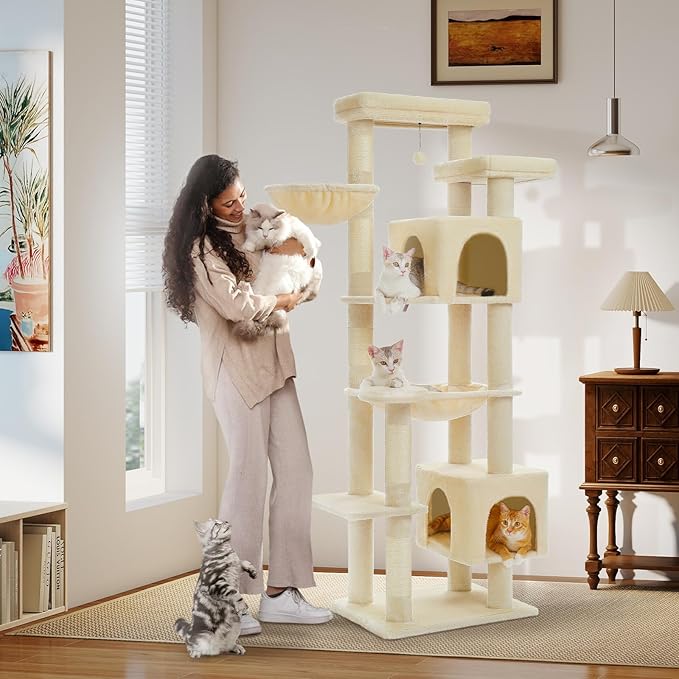 PETEPELA 69" Tall Cat Tree for Indoor Large Cats, Cat Tower for Adult Cats with Big Hammock, Cat Climbing Tree Tower with Scratching Posts, Condo House and Large Top Perch, Beige
