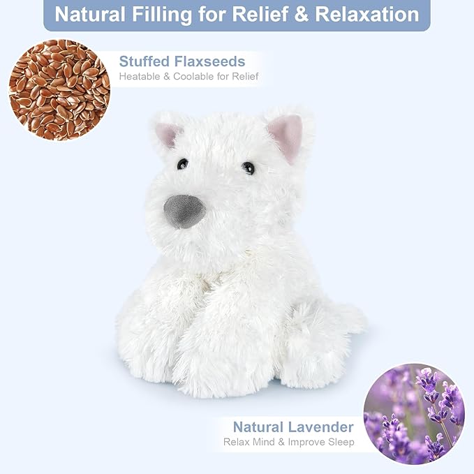 SuzziPals Coolable & Heatable West Highland White Terrier Dog Stuffed Animals for Kids & Adult, Westie Puppy Plush Toys Microwavable Heating Pad for Soothing & Period, Lavender Plushies for Anxiety