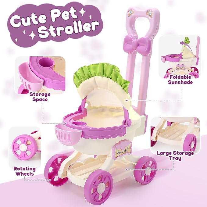 G.C Cat Toys for Kids Girls, Electronic Interactive Stuffed Cat Walk Meow and Wag Tail with Stroller Pet Care Accessories Toys Pretend Play Birthday Gifts for Toddlers Girls 3 4 5 6 7 8 Year Old