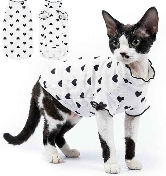 DENTRUN Heart Pattern Sphynx Hairless Cats Shirt, Kitten T-Shirts with Perlin Sleeves, Breathable Cat Wear Cute Sweater Adorable Hairless Cat's Clothes Vest Pajamas Jumpsuit