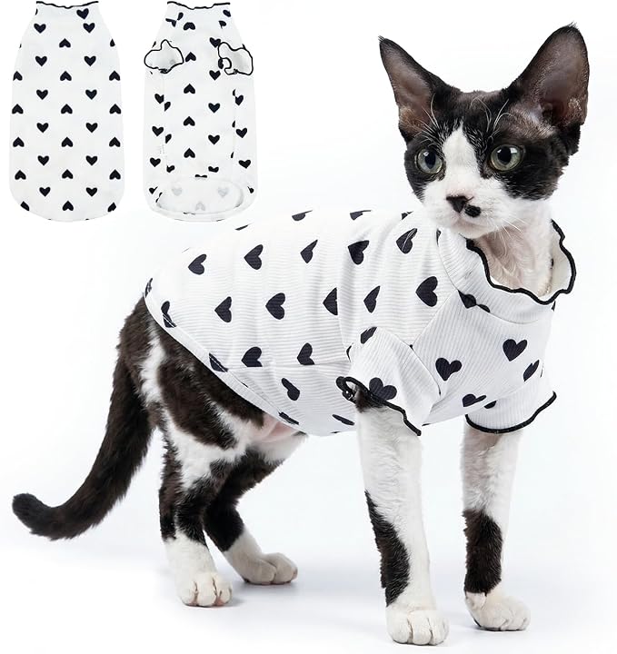 DENTRUN Heart Pattern Sphynx Hairless Cats Shirt, Kitten T-Shirts with Perlin Sleeves, Breathable Cat Wear Cute Sweater Adorable Hairless Cat's Clothes Vest Pajamas Jumpsuit