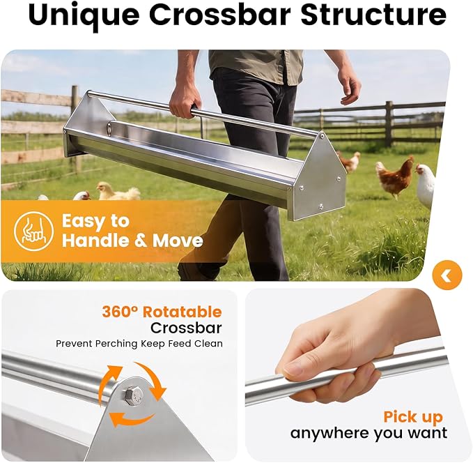 Chicken Feeding Trough 45" Large Capacity Stainless Steel Chicken Feeder Trough with Drainage Holes & Crossbar Poultry Feeder Trough for Chicken,Duck,Geese,Turkey Coop Accessories Supplies