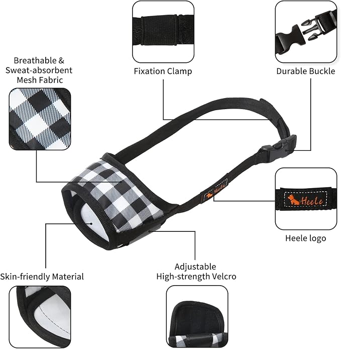 HEELE Dog Muzzle,Soft Nylon Muzzle Anti Biting Barking Chewing,Air Mesh Breathable Drinkable Adjustable Loop Pets Muzzle for Small Medium Large Dogs 4 Colors 4 Sizes (P-Black White Plaid, XS)