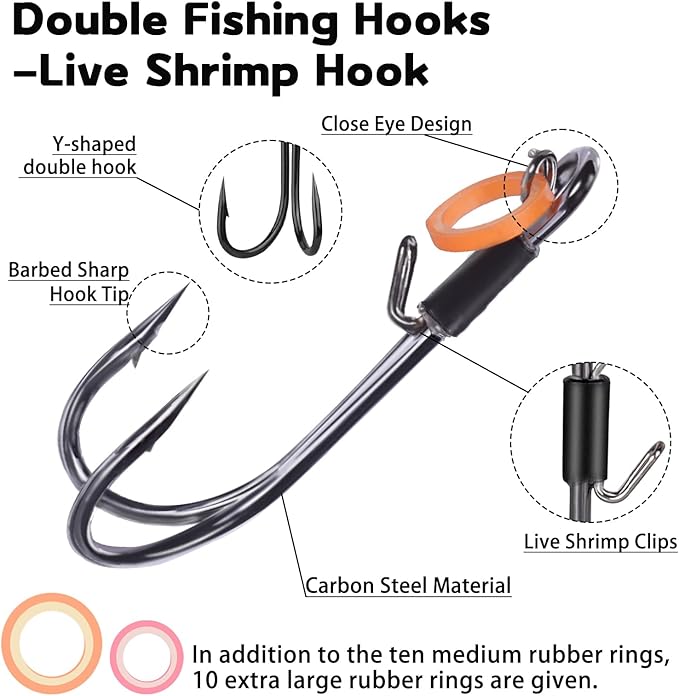 9KM DWLIFE Live Shrimp Hooks 10/15PCS Double Fishing Hooks Shrimp Hooks Fishing Saltwater Keep Alive Bait for Catfish Bass