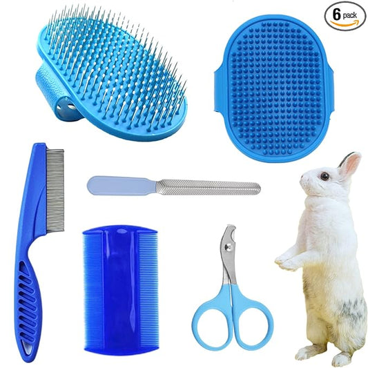 6Pcs Grooming Kit with Brush, Hair Remover, Shampoo Brush, Double-Sided Comb, Nail Clipper and Trimmer for Rabbits, Hamsters, Bunnies, and Guinea Pigs - Blue