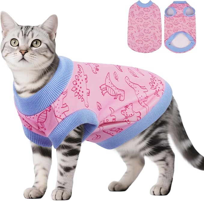 DENTRUN Sleeveless Cat Vest, Dinosaur Print & Ultra-Soft Dralon Fleece | Breathable, ultra-soft Dralon fleece, dinosaur print, sleeveless for freedom, all-season indoor/outdoor wear, XS-XXL sizes