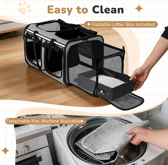 Expandable Extra Large Cat Carrier for 2 Cats, Double Cat Travel Carrier Bag with Litter Box, Foldable Breathable Soft Sided Pet Dog Carrier with Divider for Car Travel, Outdoor & Vet Visit