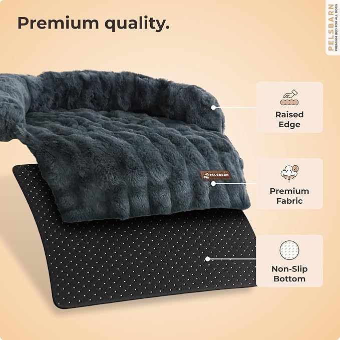 Pelsbarn Dog Bed for Couch, Luxurious Sofa Bed for Dogs with Non-Slip Oxford Bottom - Faux Rabbit Fur with Removable Cover, Large, Gray - 33x33 in