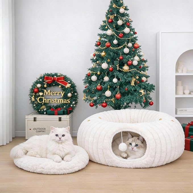 Cat Tunnel Bed, Peekaboo Hideaway Cave for Indoor Cats, Machine Washable Kitten Bed, Cat Donut, Dachshund Tunnel Bed for Small Dogs, Upgraded Striped Hare Feel Fabric (White)