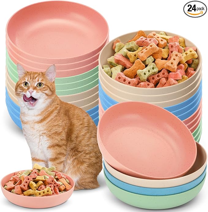 Tioncy 24 Pcs Cat Food Bowl 5.5'' Fatigue Relief Shallow Cat Food Dish Wide and Small Pet Wet Plate Wide Stray Wet Feeding Bowl for Ferrets Feral Short Legged Kitten, Wheat Straw(Four Color,Classic)