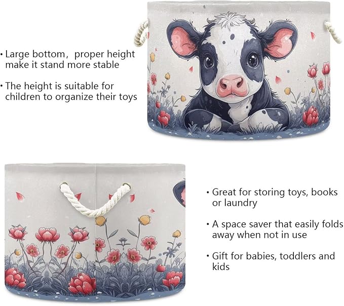 Cow Print Round Storage Basket Cute Animal Flower Large Laundry Hamper 20 x 20 x 14 Inches Organizer Bin with Cotton Rope Handles Clothes Storage Bag for Nursery Bedroom Living Room Decor
