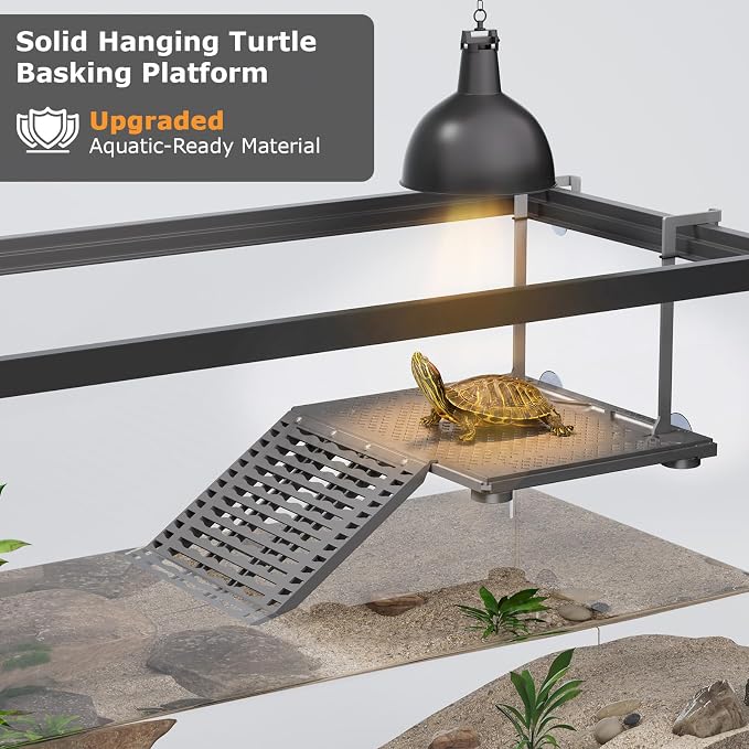 Upgraded Hanging Turtle Basking Platform with Built-In Feeding Tray, Stainless Steel Hooks, Non-Slip Ramp, No Zip Ties, Heavy-Duty Turtle Dock for 30 Gallon Aquariums