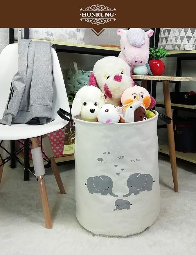 Collapsible Fabric Storage Basket, Waterproof Laundry Hamper with Handles, Round Storage Bin for Clothes Toys, Foldable Organizer for Bedroom Nursery Bathroom(Round-Family elephants)
