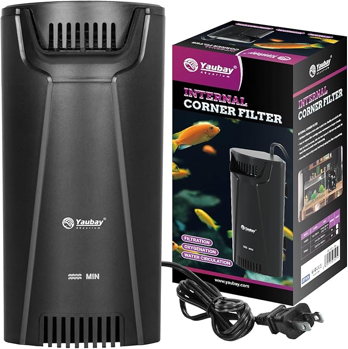 Yaubay Quiet Internal Aquarium Filter, 3-Stage Bio Filtration Low-Level Waterfall 5W Power Fish Tank Filter with Protective Grate for Up to 20 Gallon Betta Turtle Shrimp Tank, 90GPH (Filter)