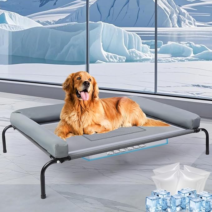42''Cooling Elevated Dog Bed with Pillow,Outdoor Indoor Raised Dogs Bed with Six Support Feet,Breathable Dog Cot Beds Teslin Medium Large Size Dogs,Pet Hammock Beds, Pet Beds with 4 Ice Pack(Medium)