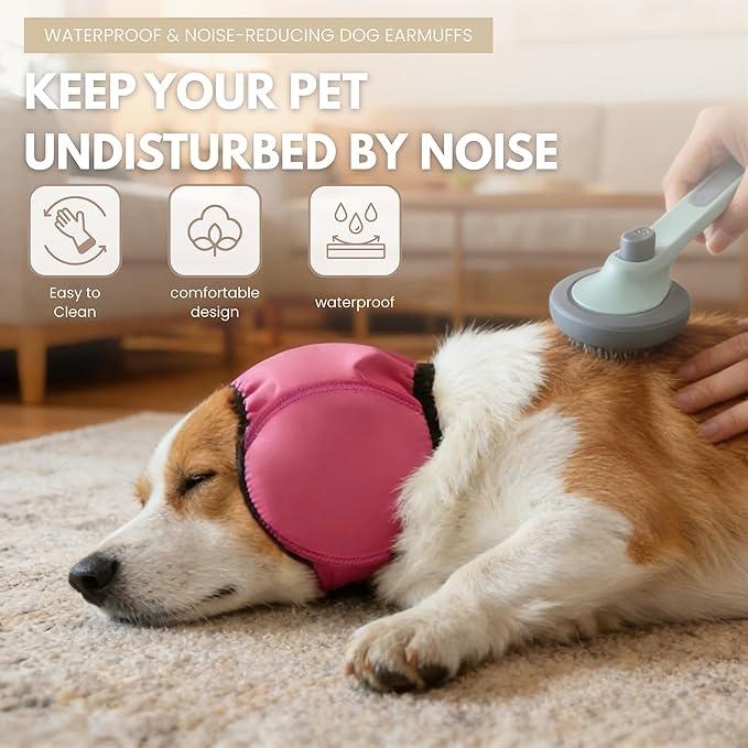 Waterproof Dog Ear Covers,No Flap Ear Wraps for Dogs,Dog Ear Muffs for Noise Protection & Anxiety Relief,Adjustable Dog Calming Hoodie Shower Cap for Bathing Grooming(Fuchsia,L)