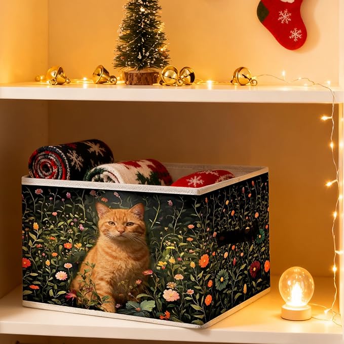 Dark Green Wildflower Orange Cat Storage Bins, Cottagecore Floral Botanical Cat Foldable Closet Organizers Storage Basket Toybox for Clothes Bed Sheets Blankets Toys