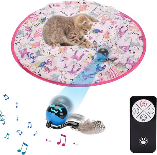 Cat Toy Mat with Moving Toy Under,Remote Control Hide and Seek Rechargeable,Interactive Cat toys Play Mat Rolling Ball Indoor Exercise for Bored and Overweight Cat and Small Dog Entertainment Pink