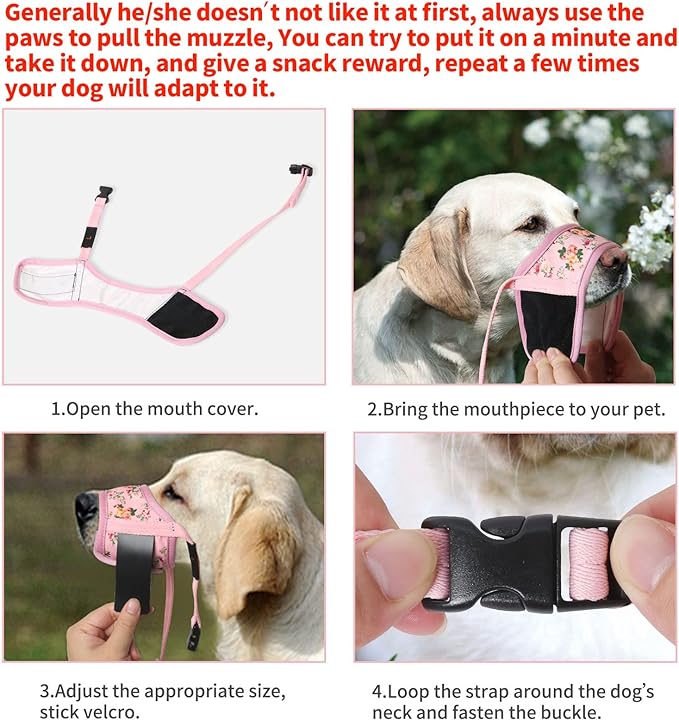 HEELE Dog Muzzle,Soft Nylon Muzzle Anti Biting Barking Chewing,Air Mesh Breathable Drinkable Adjustable Loop Pets Muzzle for Small Medium Large Dogs 4 Colors 4 Sizes (P-Pink Flower, S)