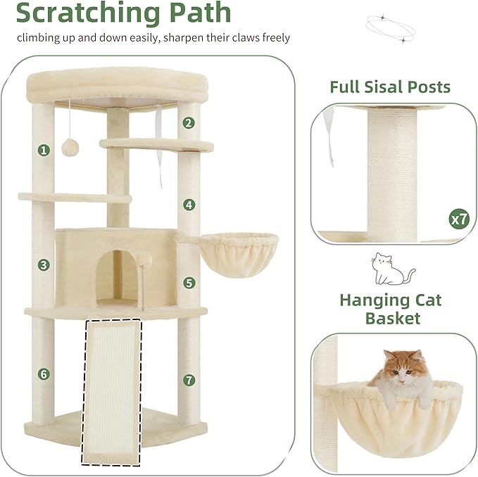 Gitelsnour Corner Cat Tree for Indoor Cats, Cat Tower with All Sisal Scratching Posts, Multi-Level Cat Condo wth Cat Cave, Large Top Perch, Hanging Basket, Sisal Scratching Ramp, Beige GCT025M