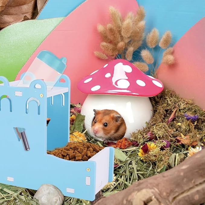 Hamster Water Bottle Stand, 2 in 1 Hanging Rat Auto Dispenser Small Animal Drinking Bottle Food Container Base Hideout Mouse Automatic Feeder Bowl Cage Toy Dwarf Hedgehog Pet Mice Gerbil Guinea Pig