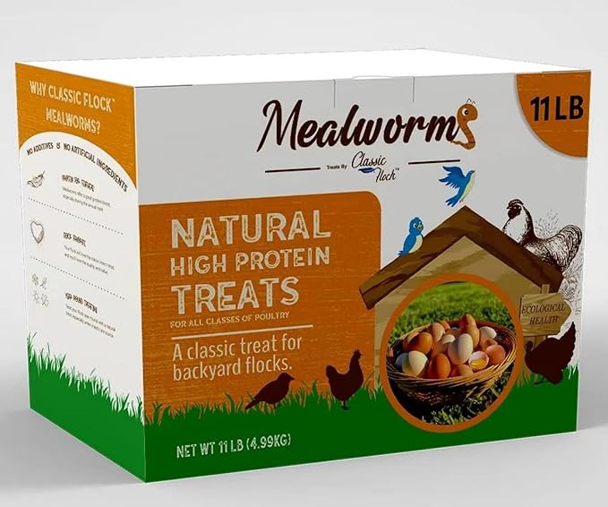 Classic Flock 11lb Dried mealworms - High Protein, Pure Natural, Delicious - Ideal for Chickens, Birds, Ducks, Lizards, Turtles, Fish, and Reptiles, 11lbs Meal Worms